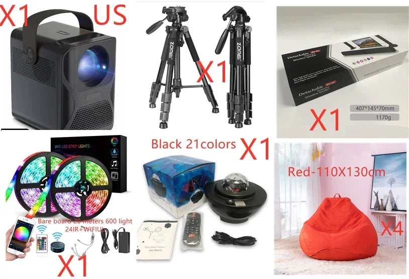 Set of tech and lifestyle essentials including black portable projector, camera tripod, WiFi LED strip lights, star projector, detachable white table stand, and four red bean bag chairs in home setting.