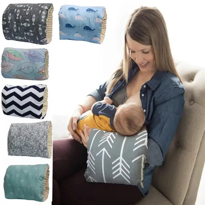 Woman using a grey nursing pillow with white arrow pattern, soft fabric, supportive fit