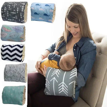 Woman using a grey nursing pillow with white arrow pattern, soft fabric, supportive fit