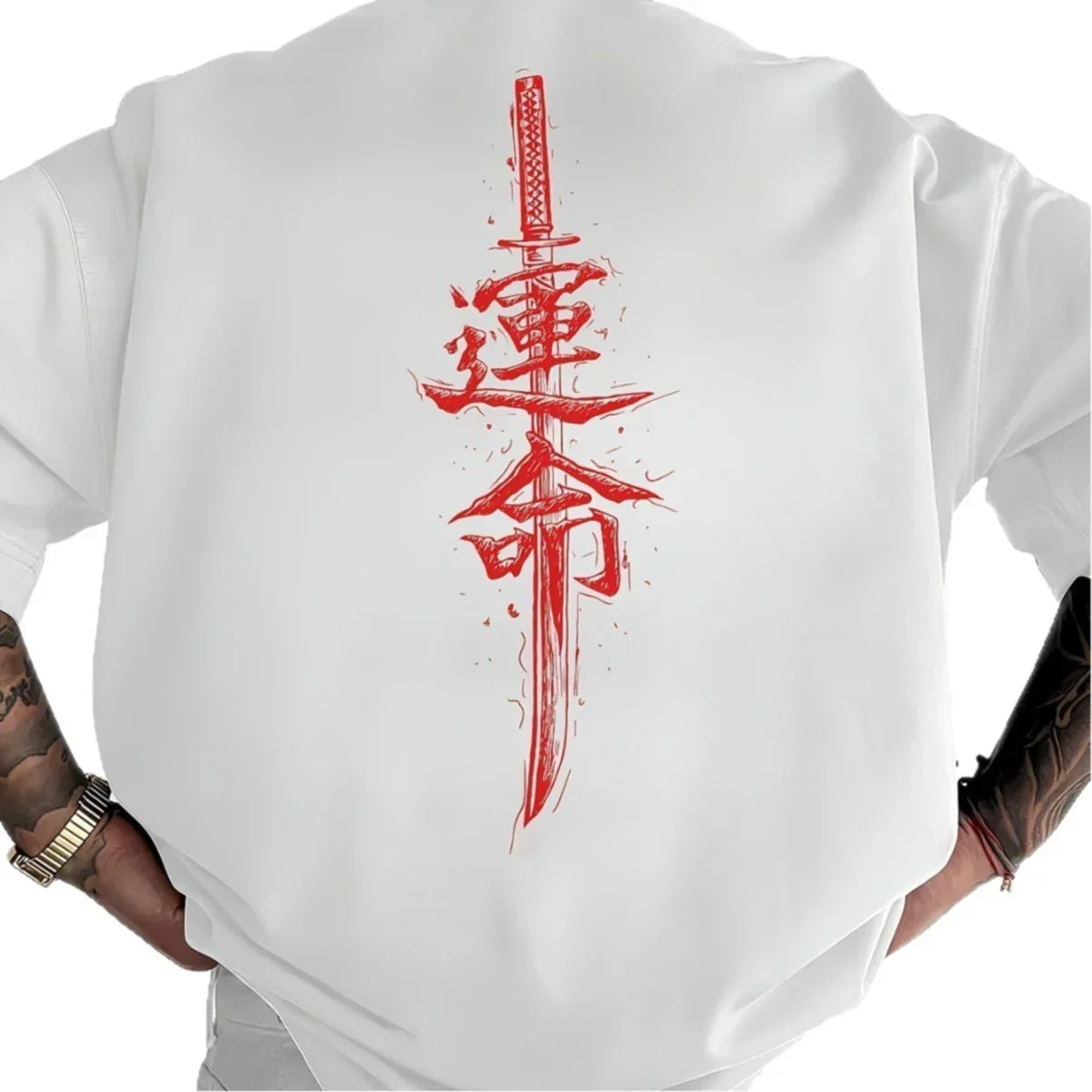 White oversized t-shirt with red katana and Asian script graphic, streetwear style