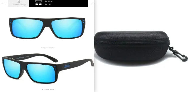 Rectangular black sunglasses with blue mirrored lenses and a black hard case, modern streetwear style.