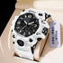 White rugged digital-analog sports watch with black dial, textured resin strap, and bold design.