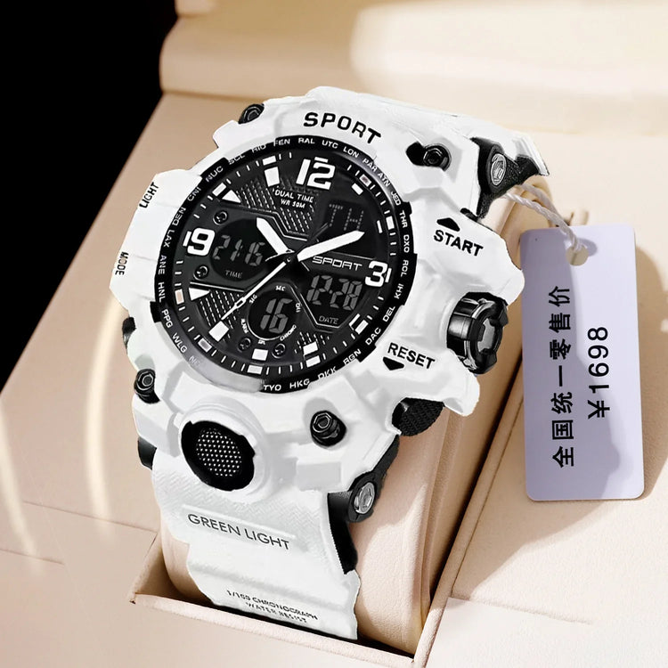 White rugged digital-analog sports watch with black dial, textured resin strap, and bold design.
