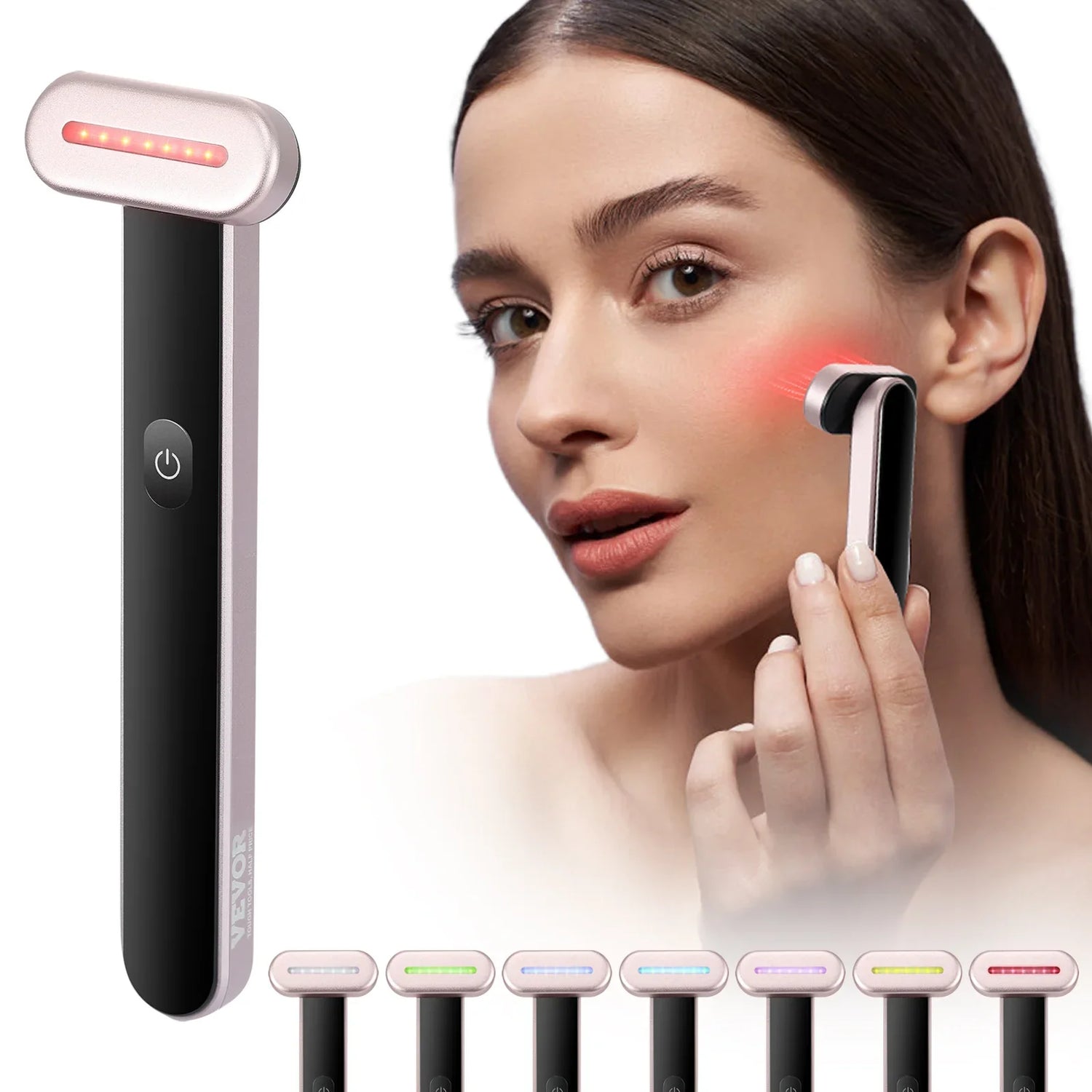 Woman using sleek black and silver LED facial device, light therapy on cheek, minimalist setting