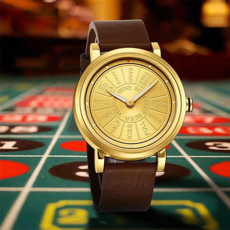 Gold-tone novelty watch with brown leather strap, roulette-inspired dial, modern style