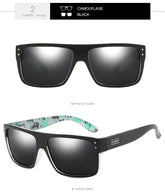 Black rectangular sunglasses with mirrored lenses, camouflage arms, plastic frame, modern fit.