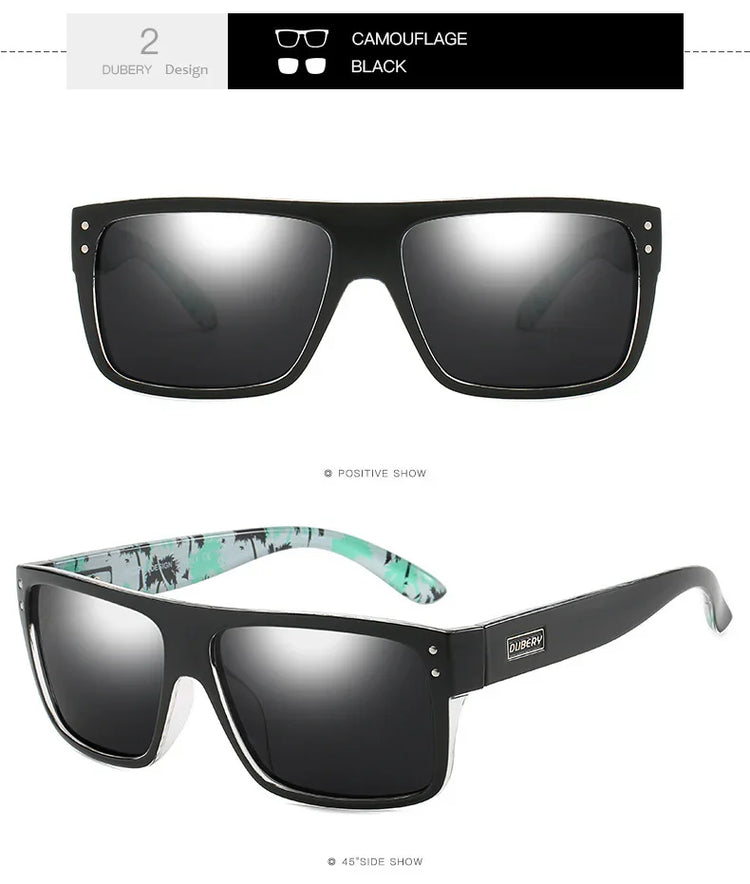 Black rectangular sunglasses with mirrored lenses, camouflage arms, plastic frame, modern fit.