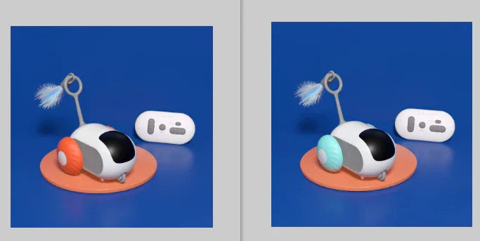 Futuristic remote control toy with feather teaser and colorful wheels, displayed on blue background