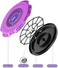Exploded view of futuristic purple and black tech accessory with smooth spinning, steel net, and unique circular design.