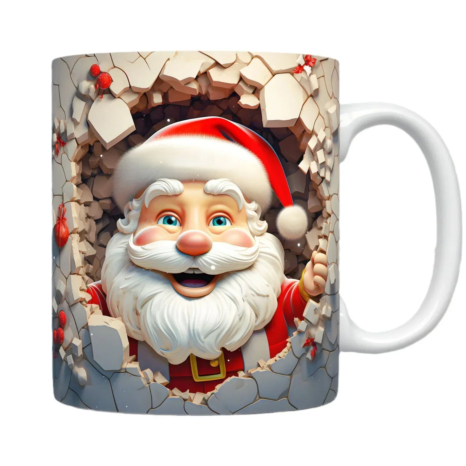 White ceramic mug featuring a colorful cartoon Santa Claus breaking through a brick wall