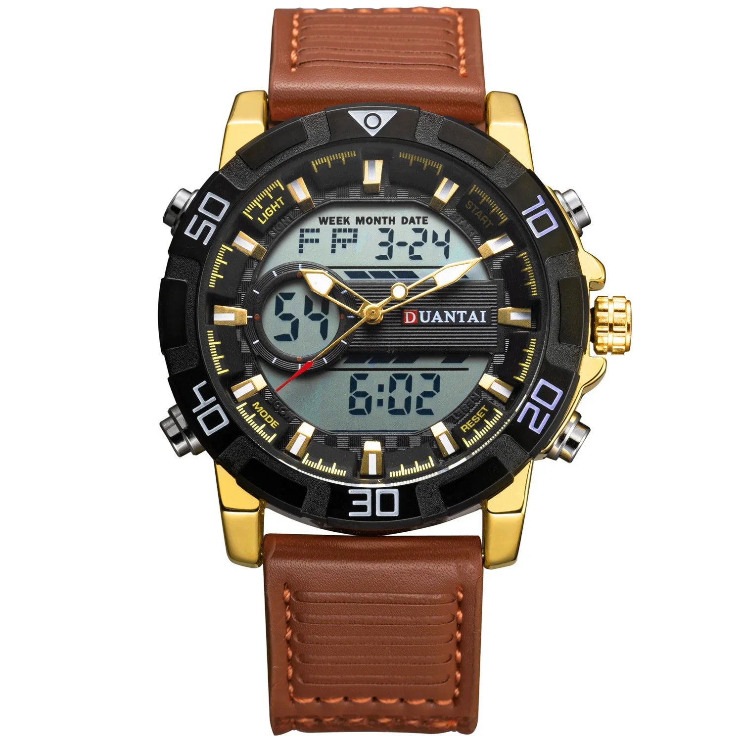 Dual display wristwatch with gold case, black bezel, and brown stitched leather strap