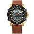 Dual display wristwatch with gold case, black bezel, and brown stitched leather strap