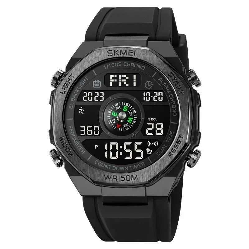 Black digital sports watch with rubber strap, round dial, and multifunction display