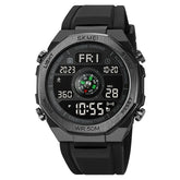 Black digital sports watch with rubber strap, round dial, and multifunction display