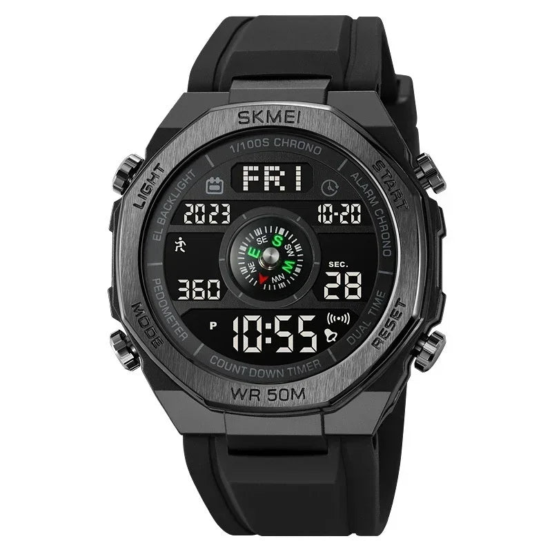 Black digital sports watch with rubber strap, round dial, and multifunction display
