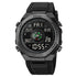 Black digital sports watch with rubber strap, round dial, and multifunction display