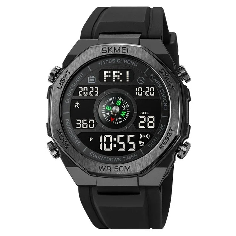 Black digital sports watch with rubber strap, round dial, and multifunction display