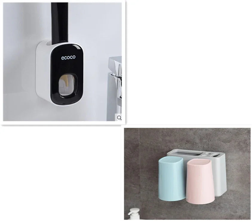 Wall-mounted bathroom organizer with black and white soap dispenser and pastel blue and pink cups