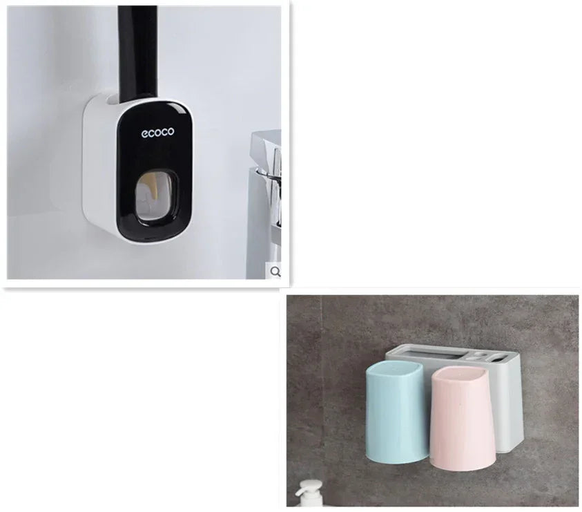 Wall-mounted bathroom organizer with black and white soap dispenser and pastel blue and pink cups