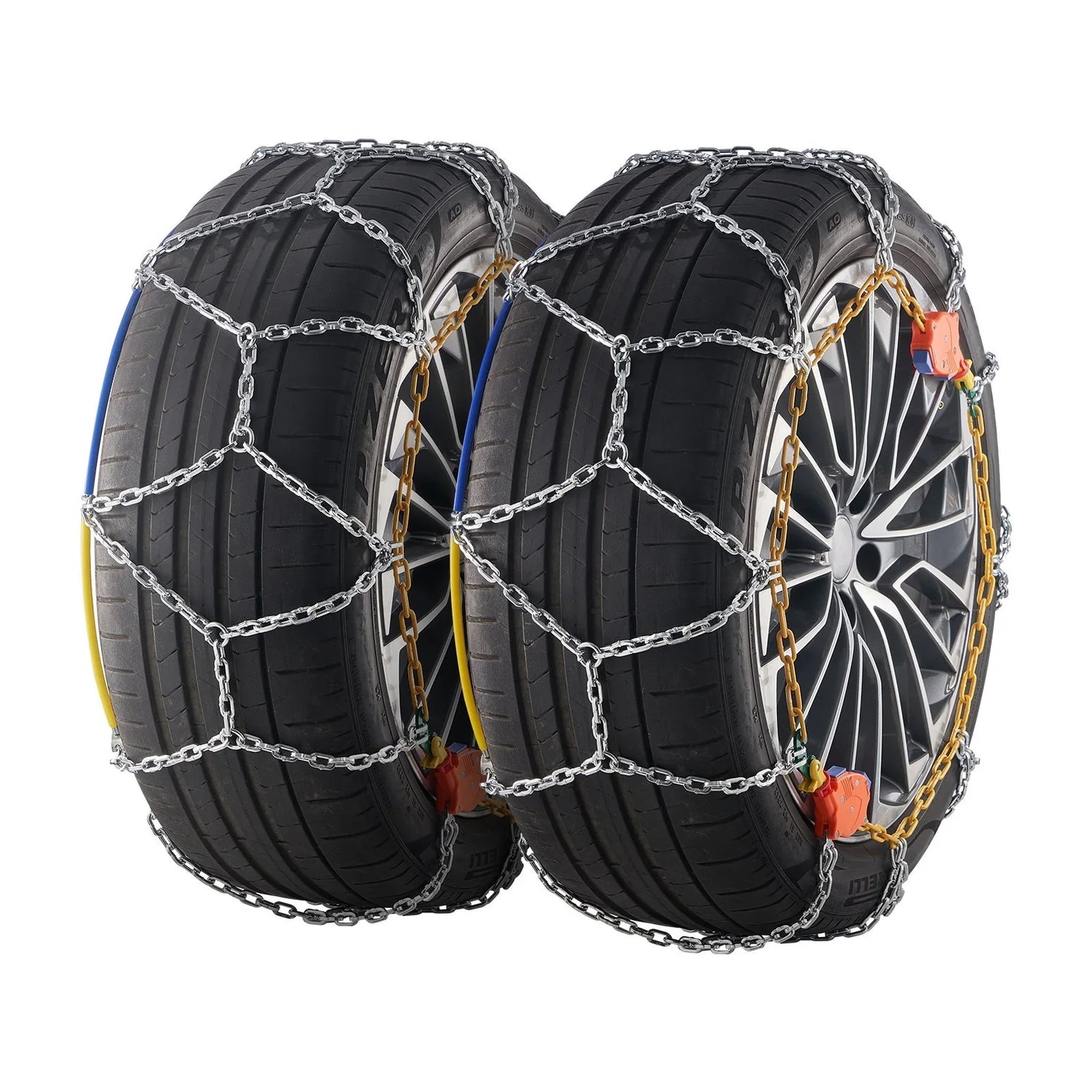 Two black car tires with metal snow chains, close-up on tread and chain detail.