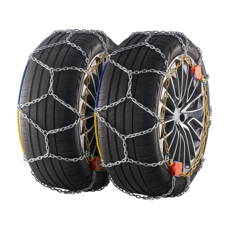 Two black car tires with metal snow chains, close-up on tread and chain detail.