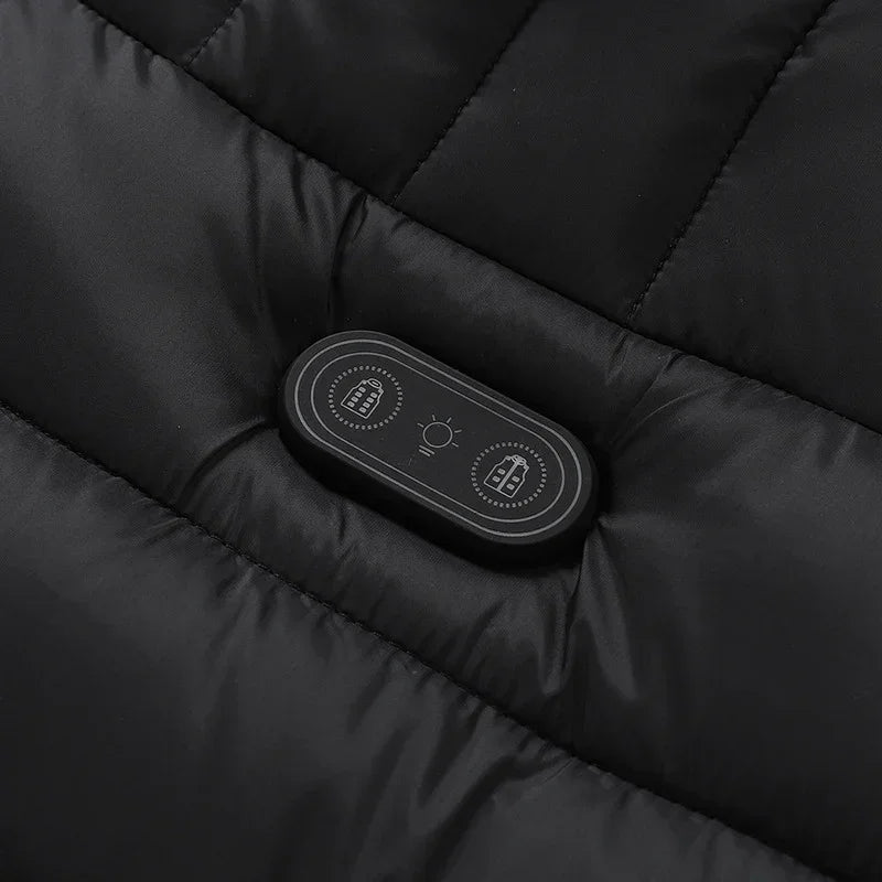 Black quilted puffer jacket with built-in tech control button, sleek streetwear style