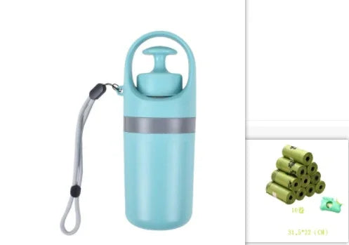 Aqua blue portable water bottle with carrying handle and gray strap, plastic material, modern design