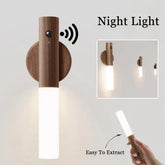 Modern wooden night light with cylindrical design, wall-mounted, portable, warm glow
