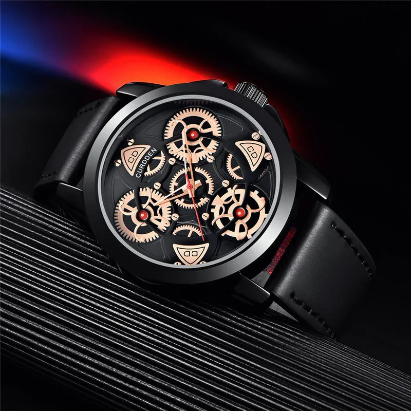 Black leather strap watch with exposed gold gears and modern skeleton dial design