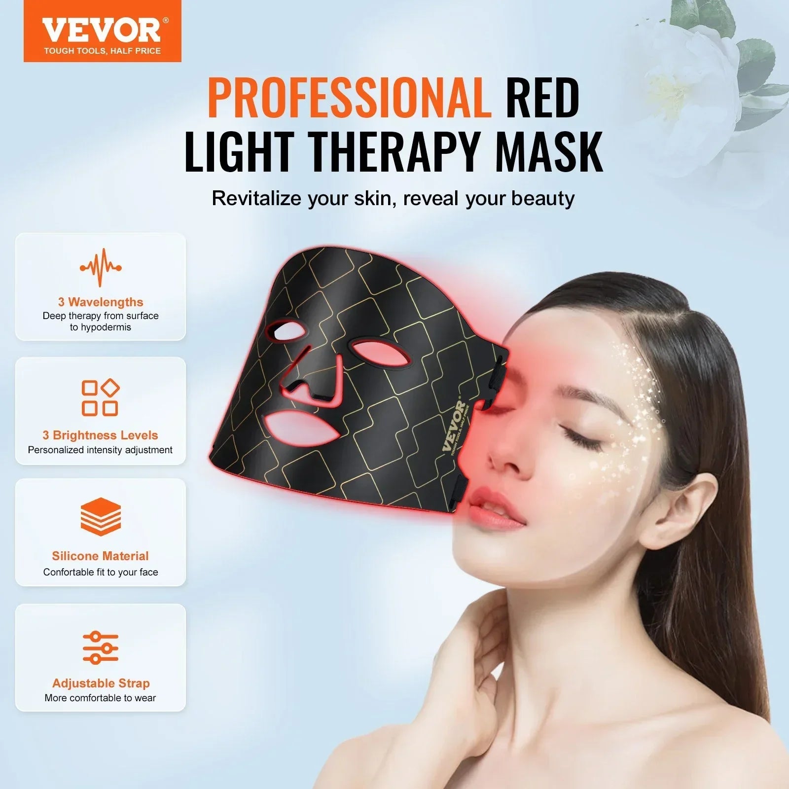 Black red light therapy face mask with geometric pattern, silicone material, adjustable fit