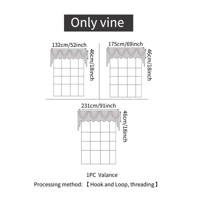 Curtain valance size chart with three widths, scalloped edge, 46cm height, hook and loop method