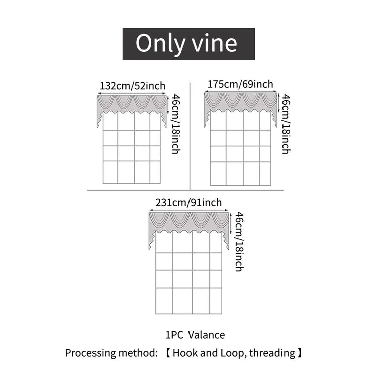 Curtain valance size chart with three widths, scalloped edge, 46cm height, hook and loop method