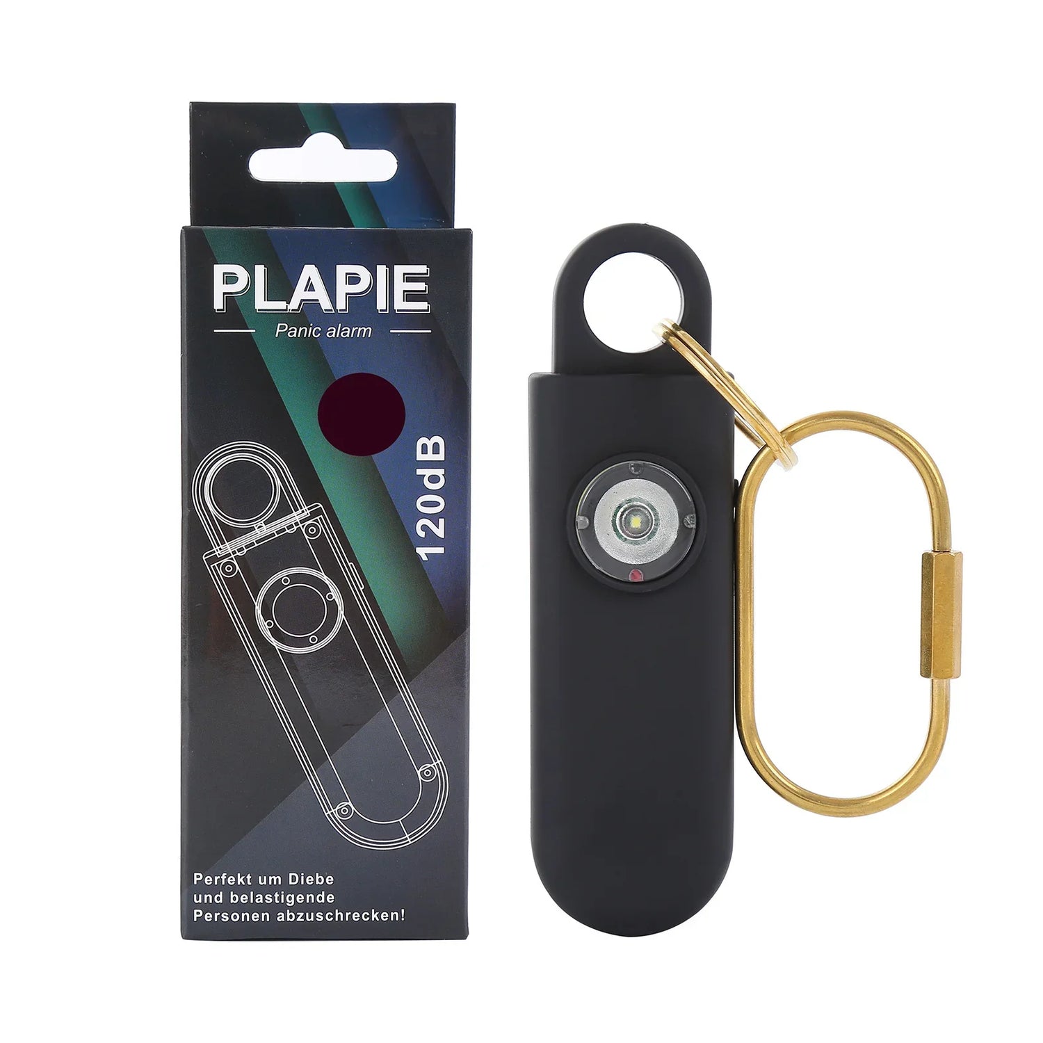 Black personal safety alarm with gold keychain and packaging, tech accessory