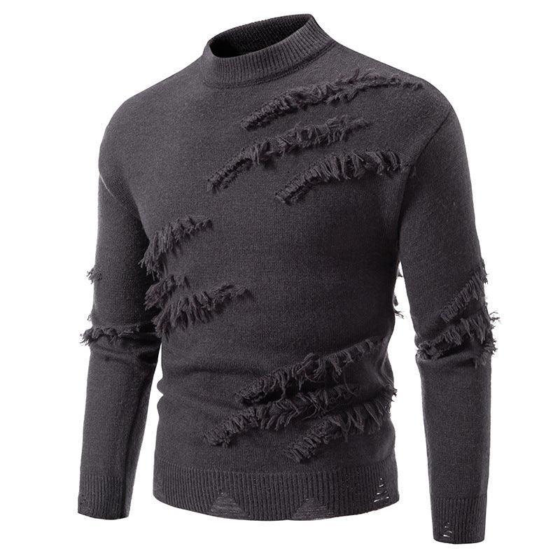 Men's black distressed knit sweater, long sleeves, slim fit streetwear style