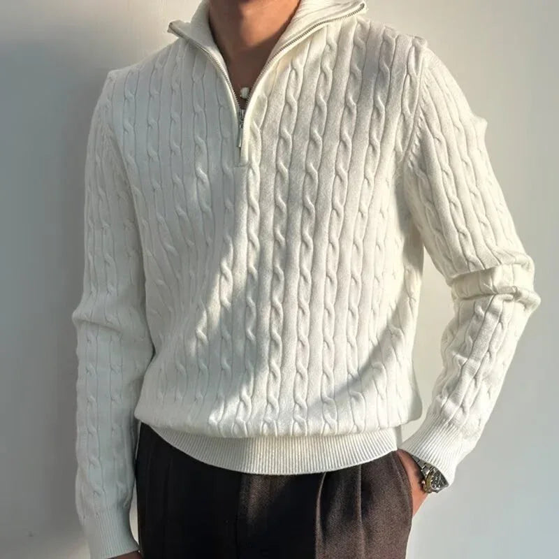 Men’s white cable knit quarter zip sweater, soft texture, relaxed fit, long sleeves