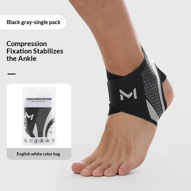 Black and gray compression ankle support sleeve with honeycomb pattern and snug fit.