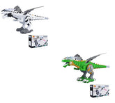 Two futuristic dinosaur action figures, one white and gray, one green and gray, with packaging boxes
