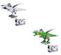 Two futuristic dinosaur action figures, one white and gray, one green and gray, with packaging boxes