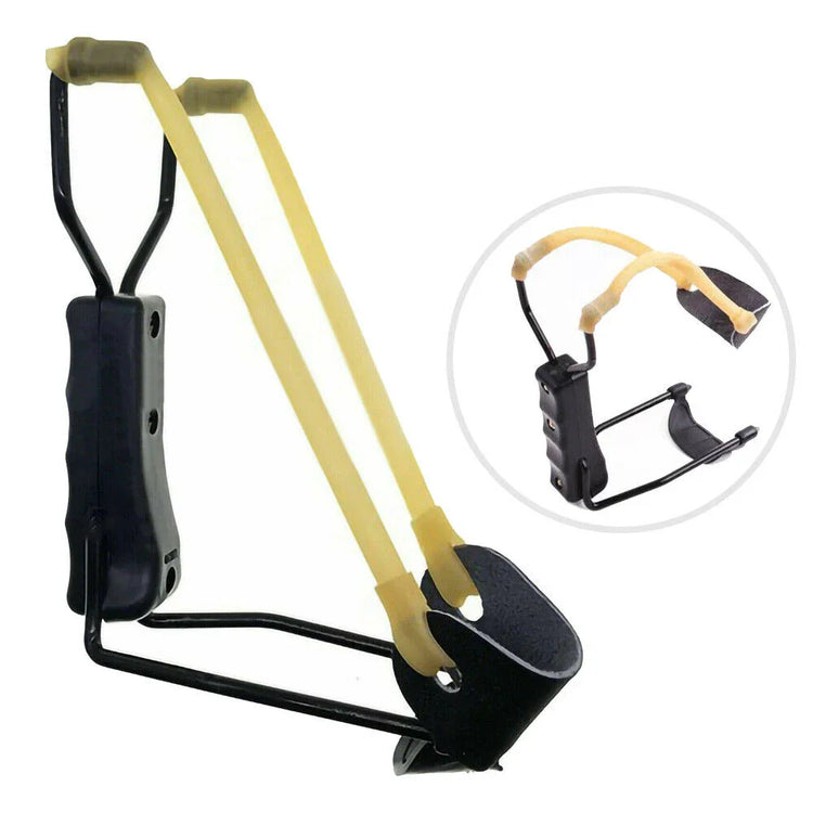 Black ergonomic slingshot with yellow rubber bands and wrist support, close-up view