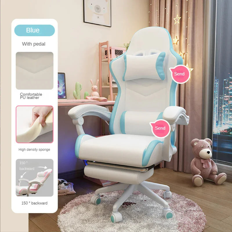 White and blue ergonomic office chair with PU leather, high-density sponge, adjustable footrest