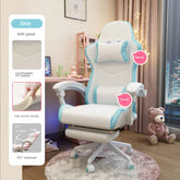 White and blue ergonomic office chair with PU leather, high-density sponge, adjustable footrest