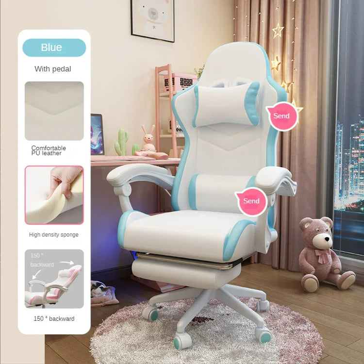 White and blue ergonomic office chair with PU leather, high-density sponge, adjustable footrest