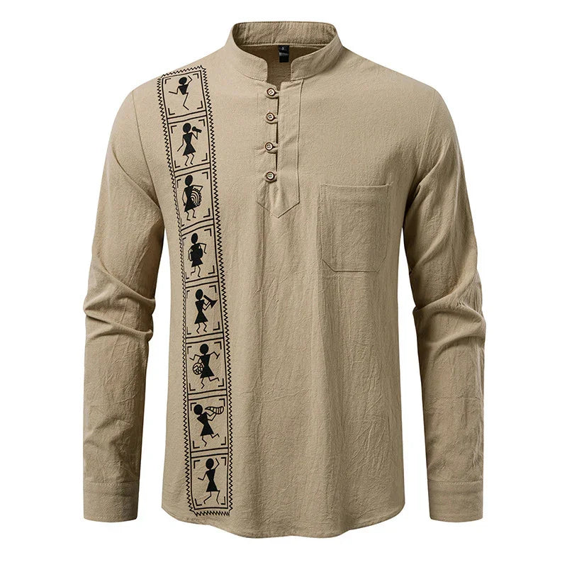 Beige long sleeve shirt with button collar, tribal print, relaxed fit, cotton look