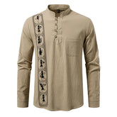 Beige long sleeve shirt with button collar, tribal print, relaxed fit, cotton look