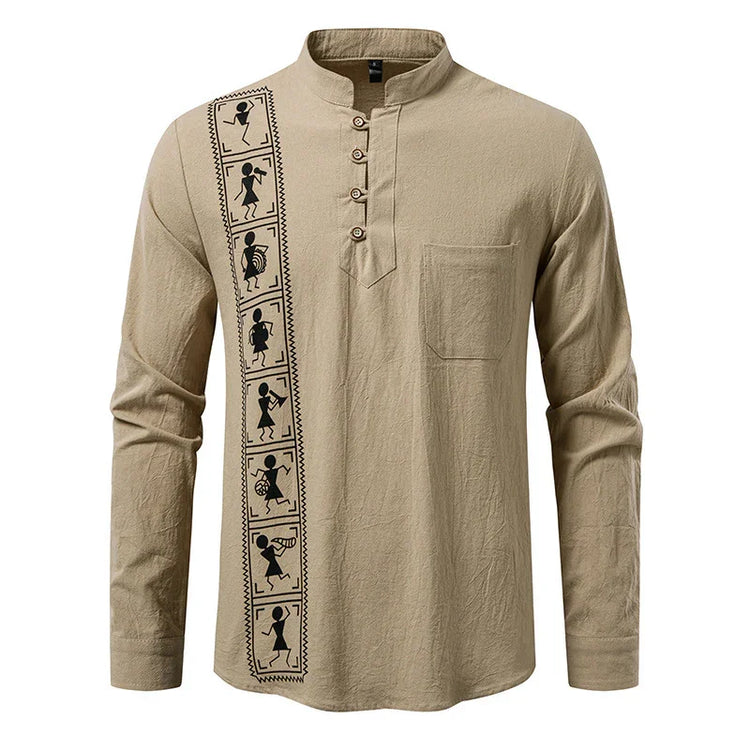 Beige long sleeve shirt with button collar, tribal print, relaxed fit, cotton look