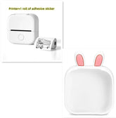 Compact white thermal printer with adhesive sticker roll, bunny ear accessory, minimalist design