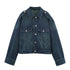 Dark blue denim jacket with button front, oversized fit, chest flap pockets, and shoulder epaulets