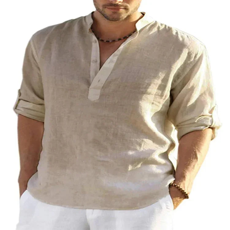 Men's beige linen long sleeve shirt with mandarin collar, relaxed fit, roll-tab sleeves
