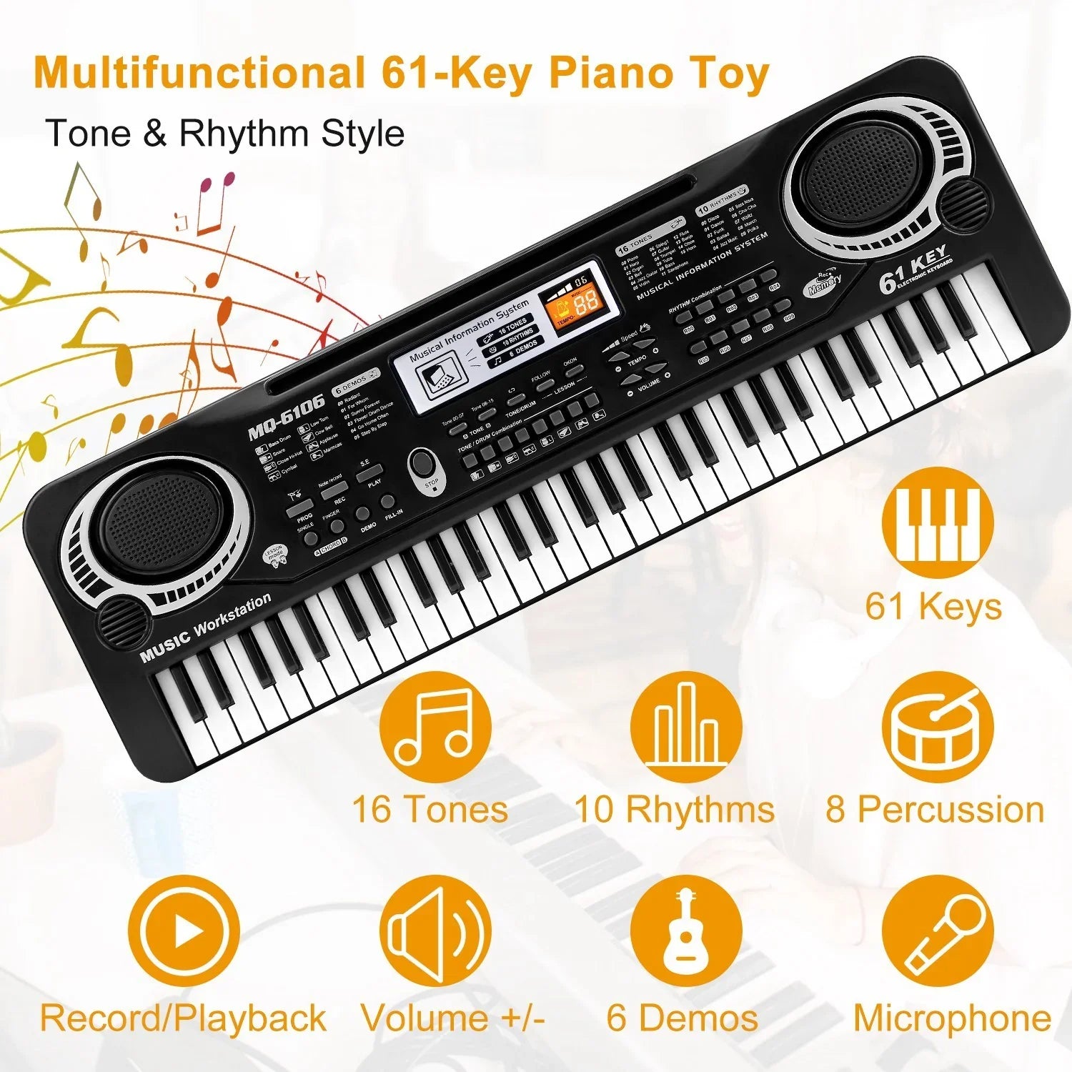 Black multifunctional 61-key electronic keyboard toy with built-in speakers and digital display