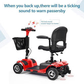 Red electric mobility scooter with basket, black seat, and backup alarm feature.